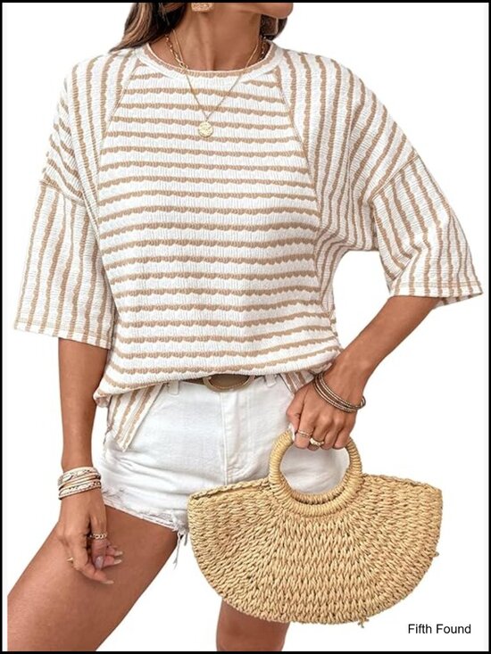 Tops - Oversized Striped Color Block Short Sleeve Crewneck Tee